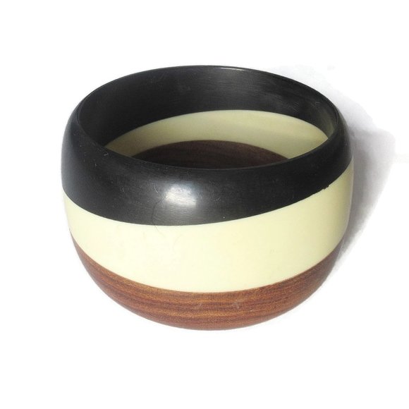 Black Brown Cream Striped Bangle Vintage Wood & Lucite Chunky Plastic Cuff - Picture 2 of 4